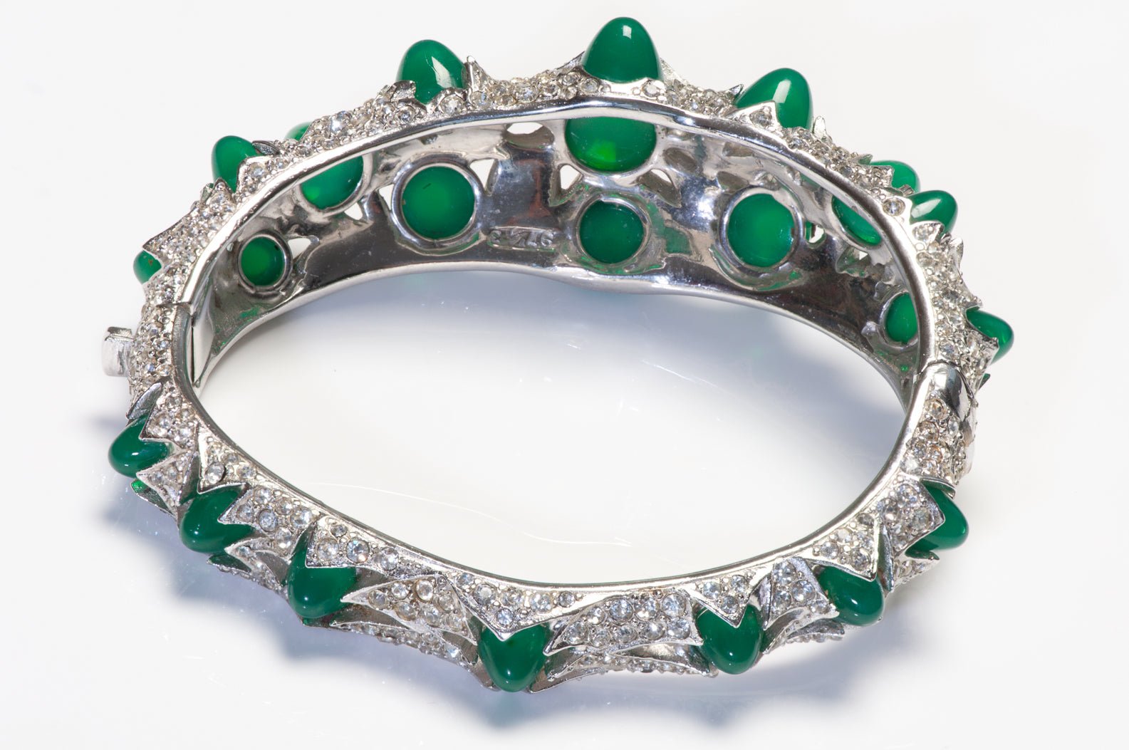 Marcel Boucher 1960’s Rhodium Plated Green Cabochon Glass Crystal Bracelet