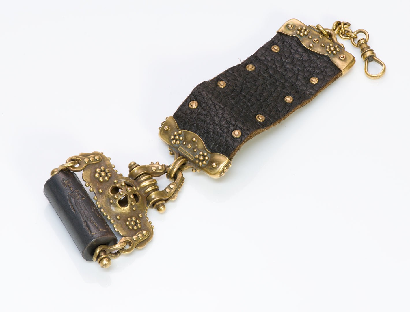 Marcus & Co. 18K Yellow Gold & Leather Ancient Cylinder Watch Fob Seal