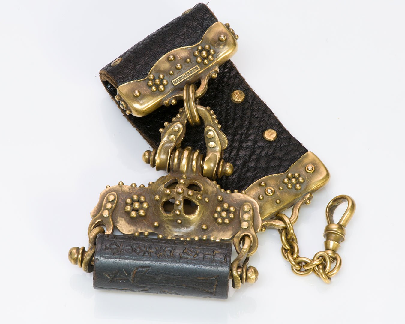 Marcus & Co. 18K Yellow Gold & Leather Ancient Cylinder Watch Fob Seal