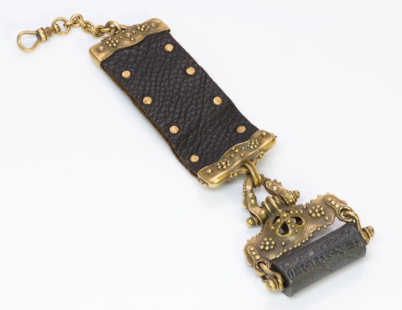 Marcus & Co. 18K Yellow Gold & Leather Ancient Cylinder Watch Fob Seal