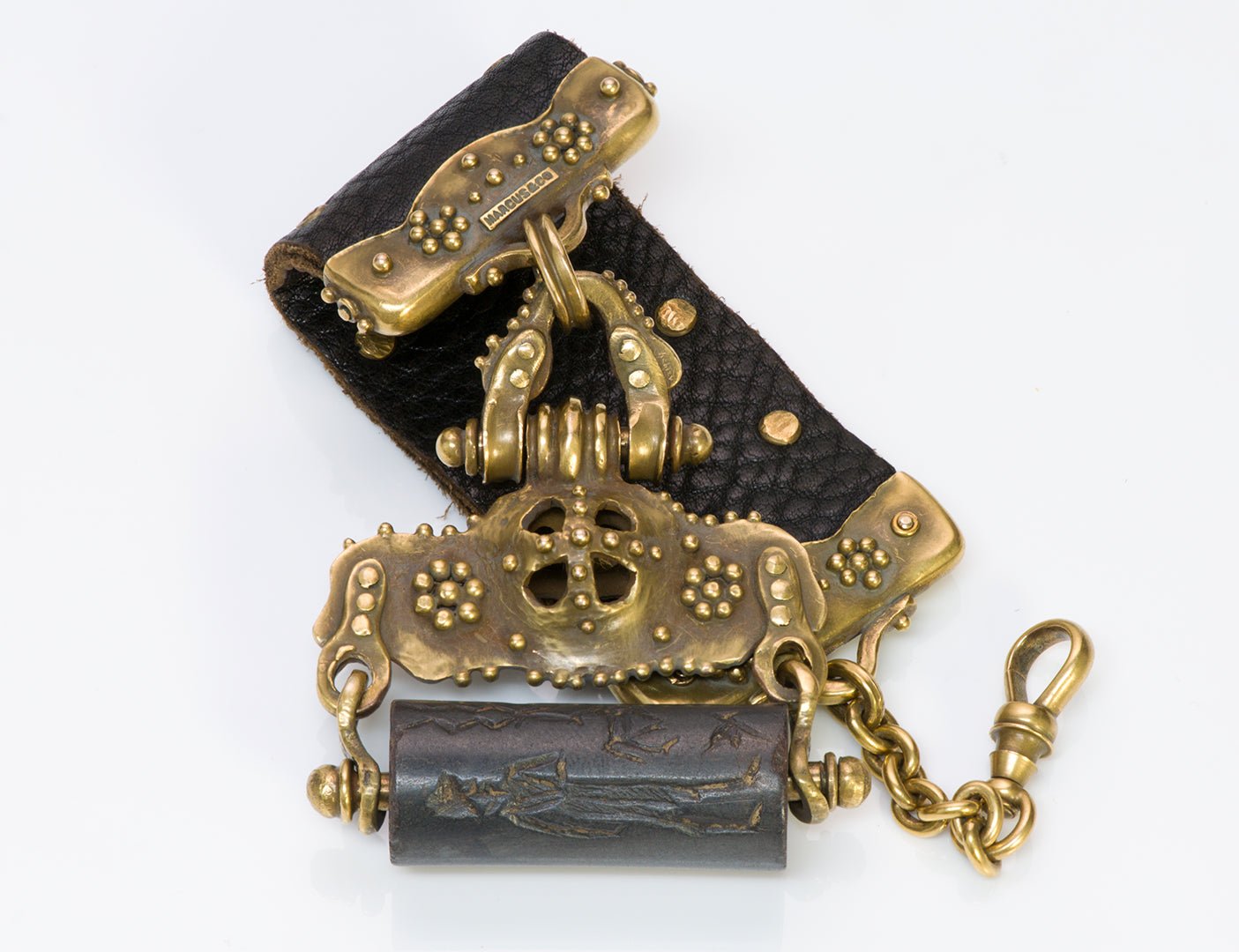 Marcus & Co. 18K Yellow Gold & Leather Ancient Cylinder Watch Fob Seal