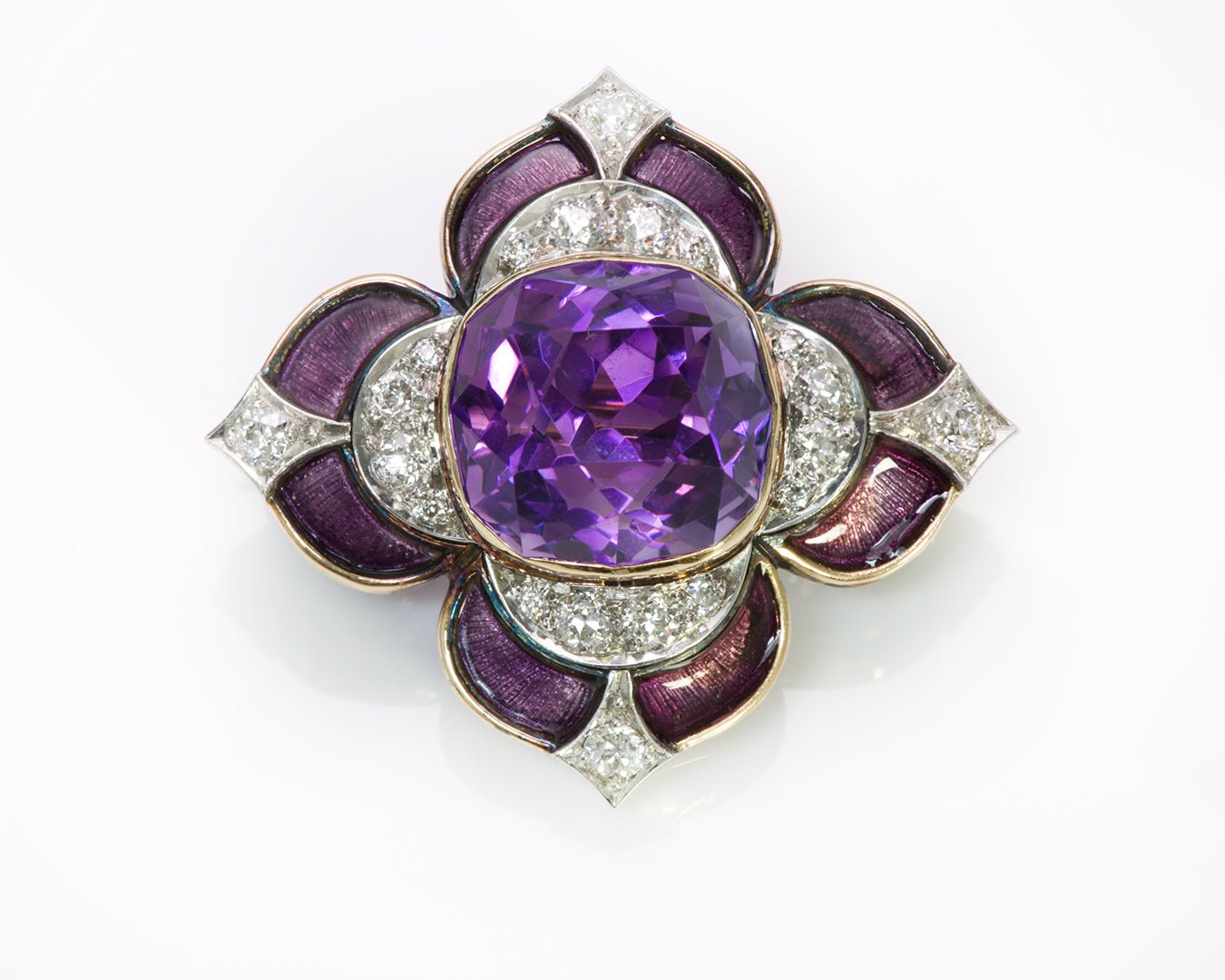 Marcus & Co. Antique 18K Gold Amethyst Diamond Enamel Brooch