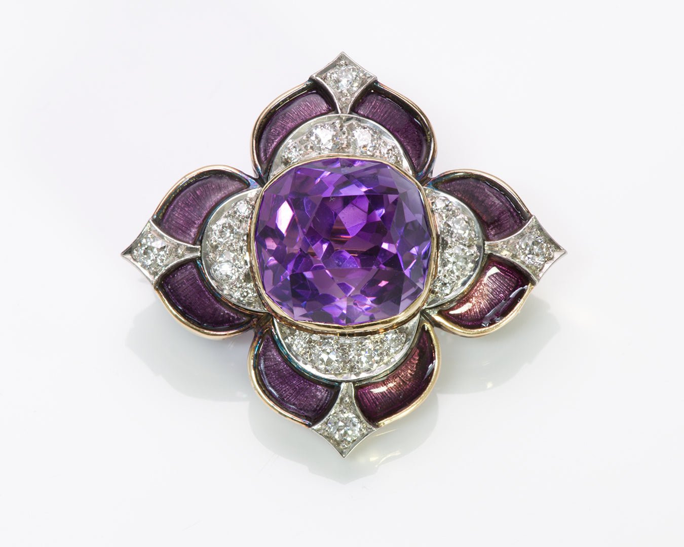Marcus & Co. Antique 18K Gold Amethyst Diamond Enamel Brooch