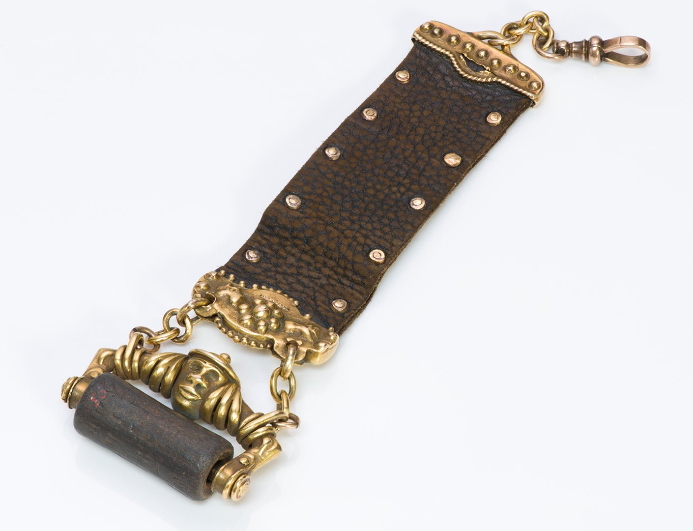 Marcus & Co. Antique 18K Gold & Leather Ancient Cylinder Seal Watch Fob