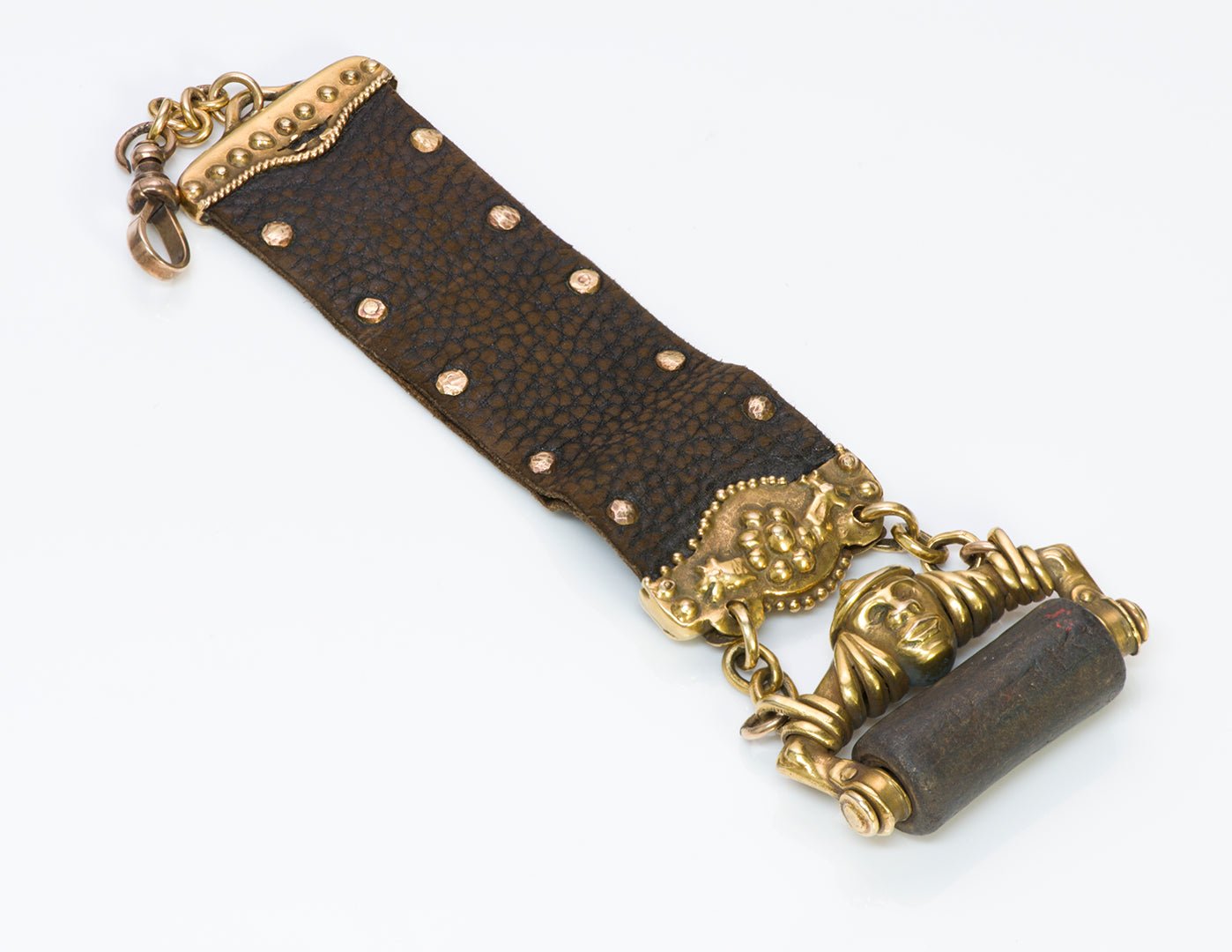 Marcus & Co. Antique 18K Gold & Leather Ancient Cylinder Seal Watch Fob