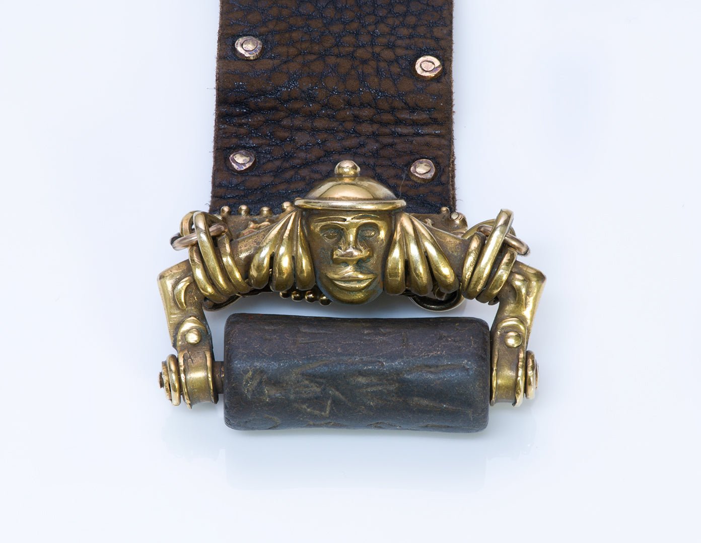 Marcus & Co. Antique 18K Gold & Leather Ancient Cylinder Seal Watch Fob