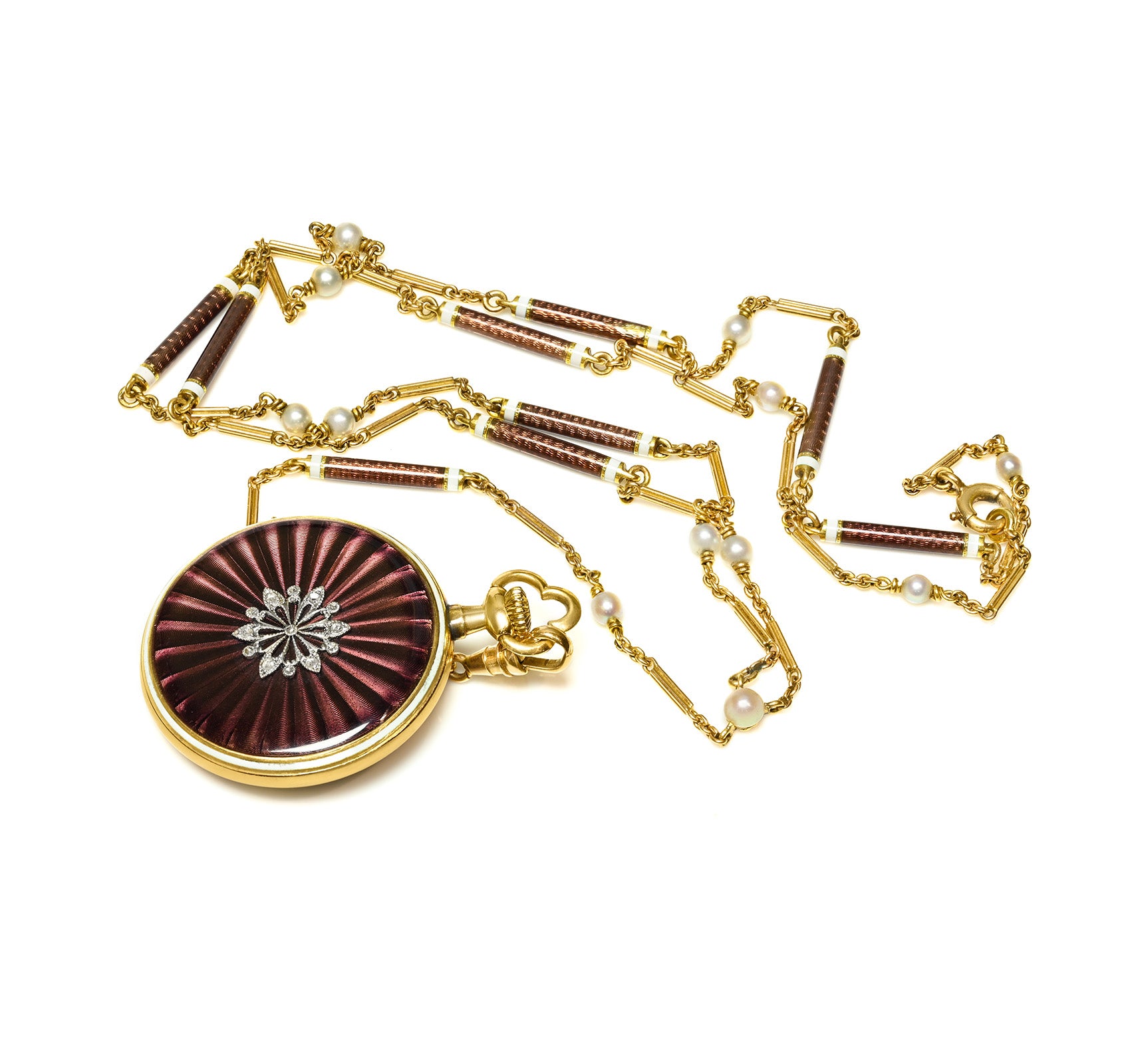 Marcus & Co. Edwardian Gold Pearl Enamel Pendant Watch Chain