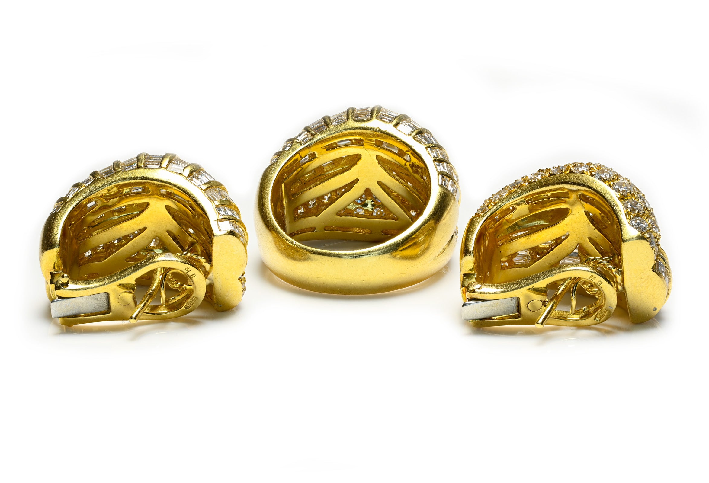 Hallmark of Marina B 18K Gold Round and Baguette Diamond Ring and Earrings Set