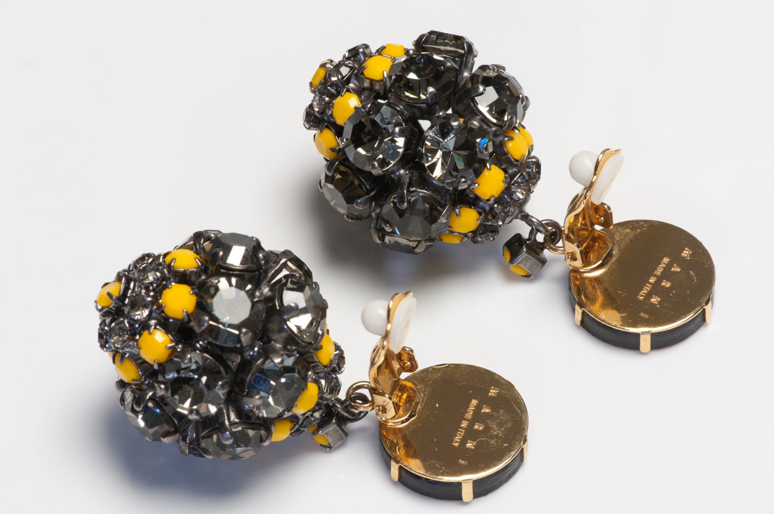 Marni Yellow Leather Gray Crystal Drop Ball Earrings
