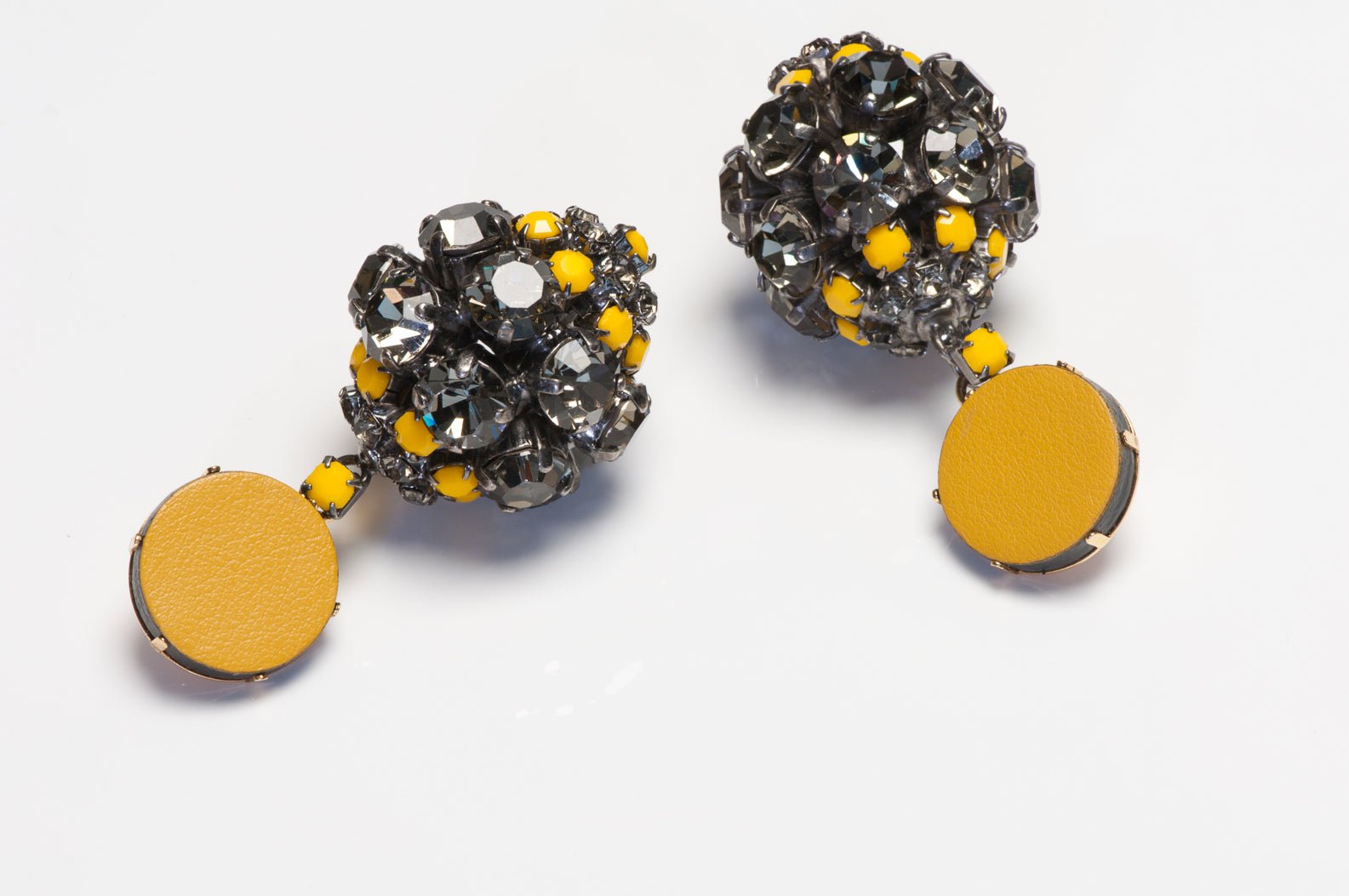 Marni Yellow Leather Gray Crystal Drop Ball Earrings