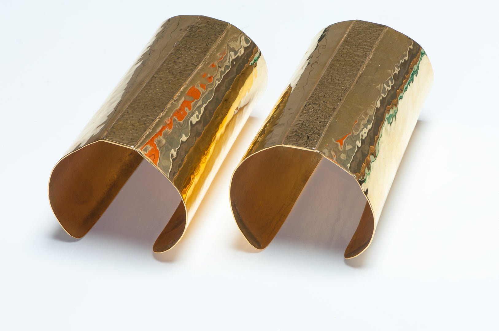 Mary McFadden 1970’s Extra Wide Gold Plated Hammered Pair Cuff Bracelets
