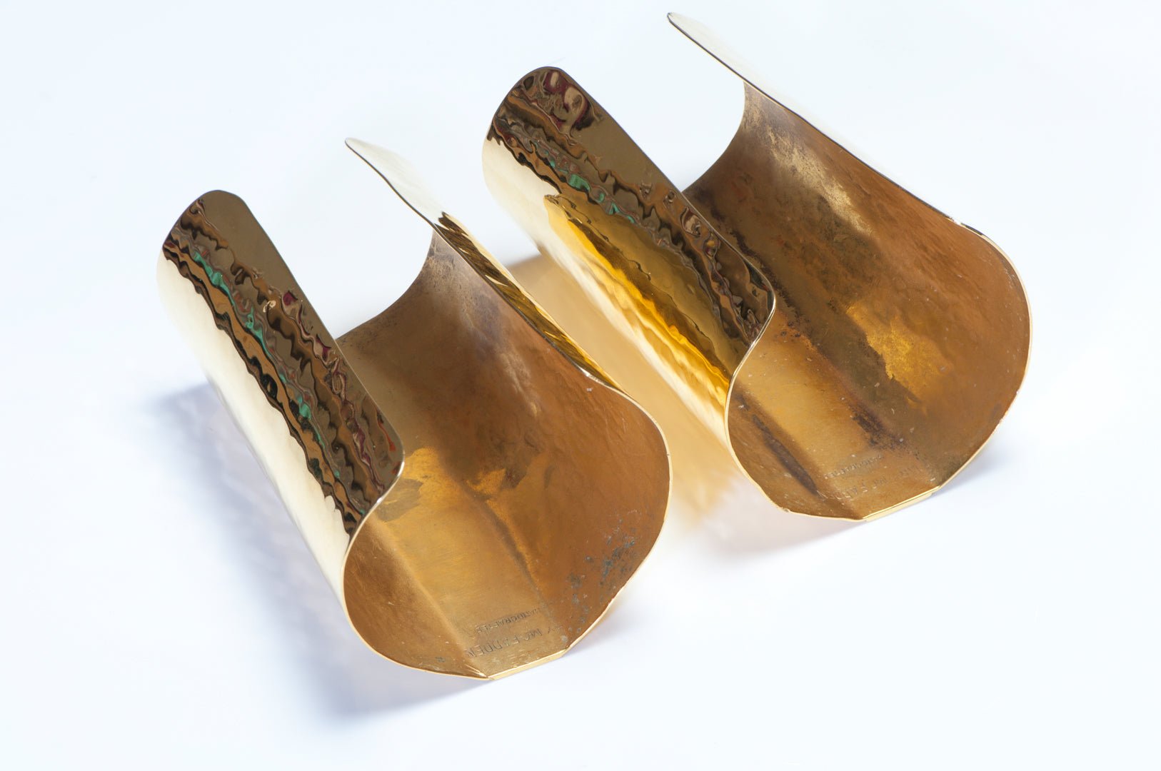 Mary McFadden 1970’s Extra Wide Gold Plated Hammered Pair Cuff Bracelets