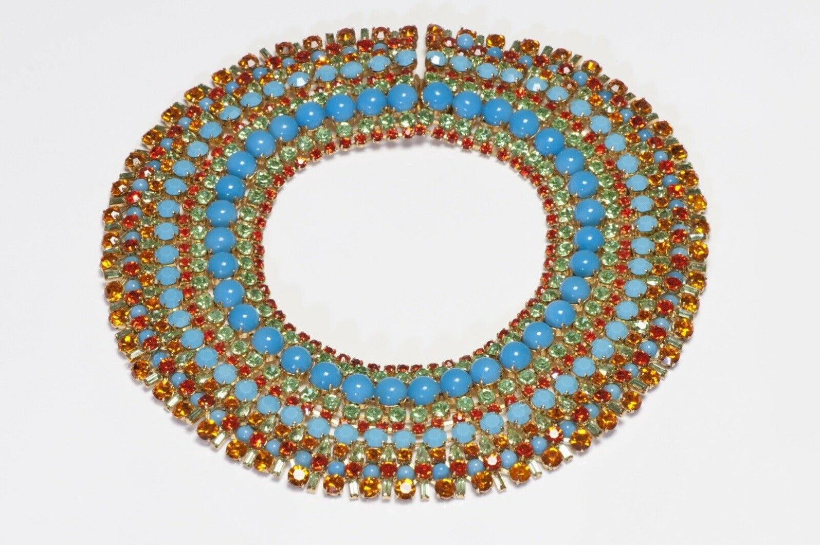 Max Muller Kaufbeuren 1960’s Blue Orange Crystal Collar Necklace Earrings Set