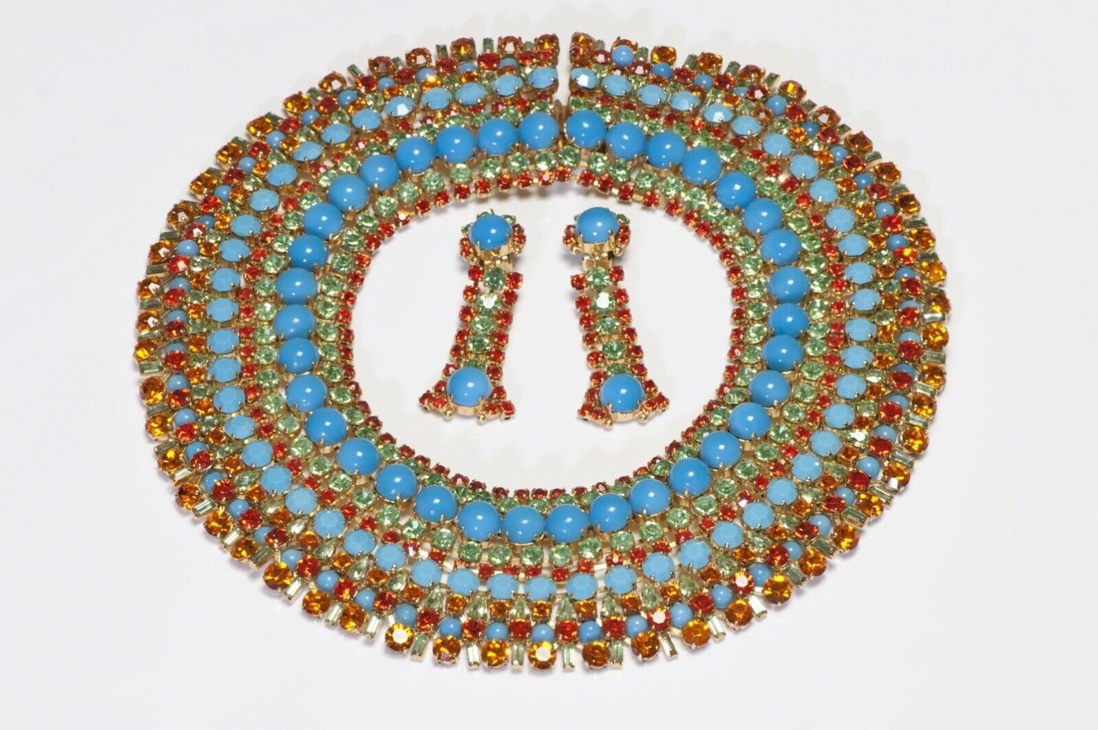 Max Muller Kaufbeuren 1960’s Blue Orange Crystal Collar Necklace Earrings Set