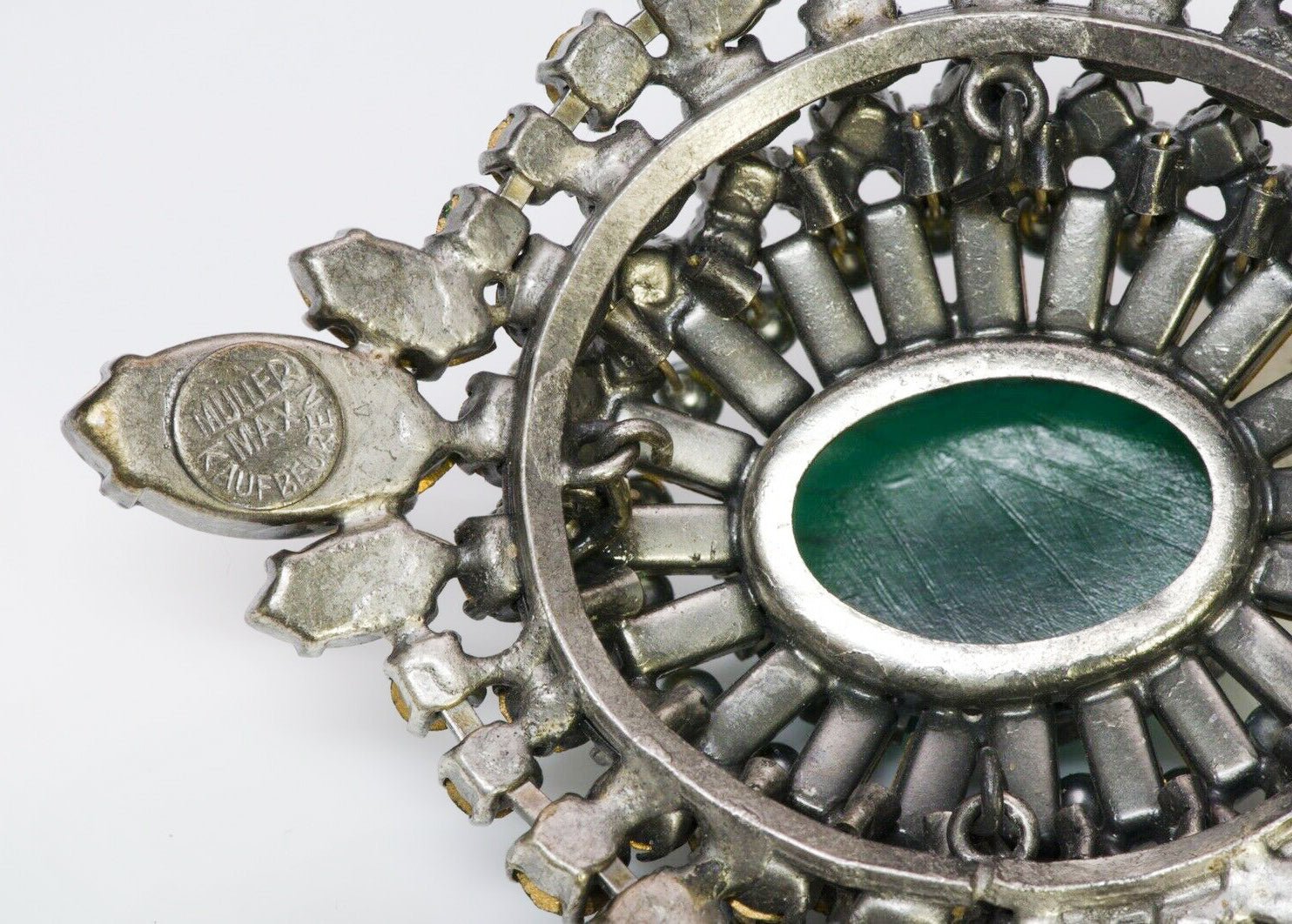 Max Muller Kaufbeuren Green Crystal Cabochon Glass Brooch