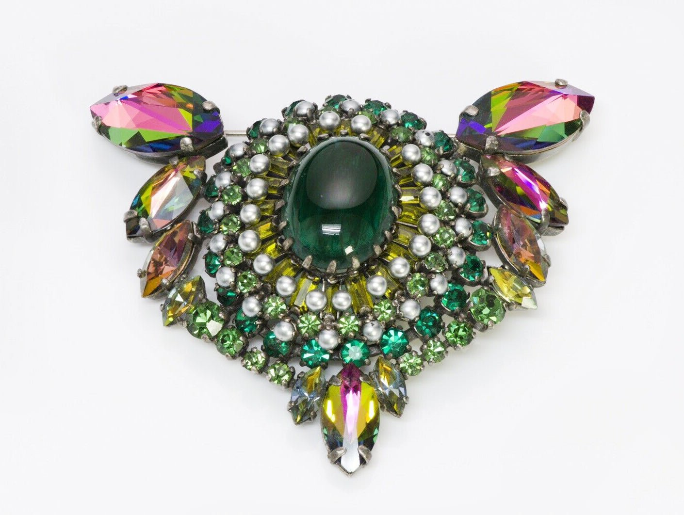 Max Muller Kaufbeuren Green Crystal Cabochon Glass Brooch