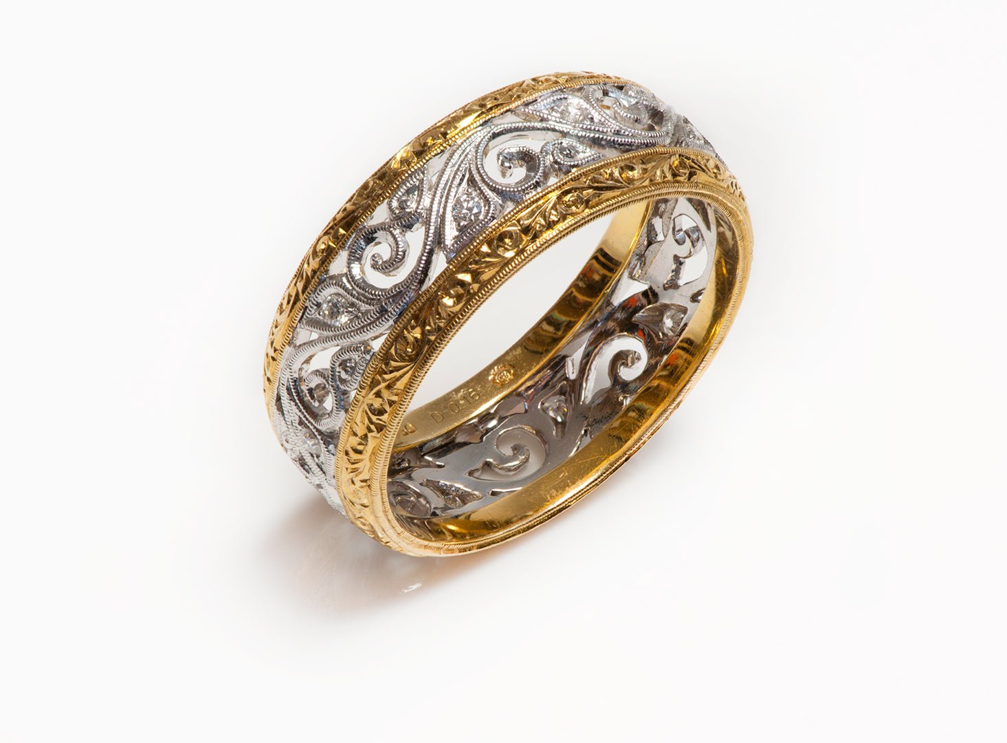 Men's 18K Yellow White Gold Filigree Diamond Band Ring