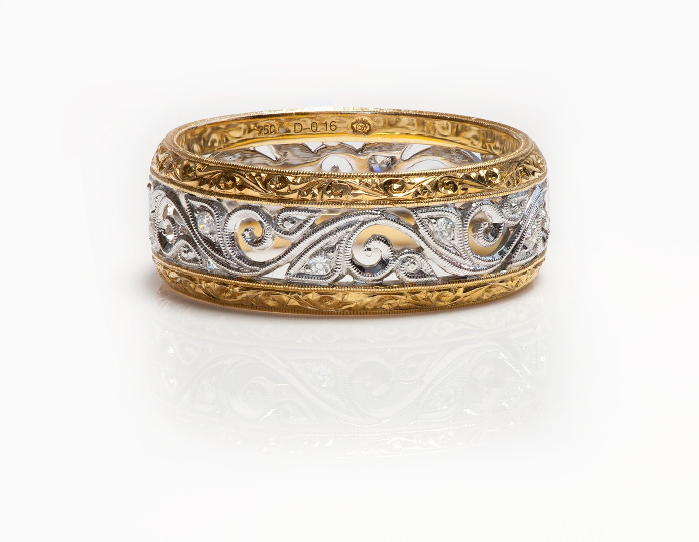 Men's 18K Yellow White Gold Filigree Diamond Band Ring