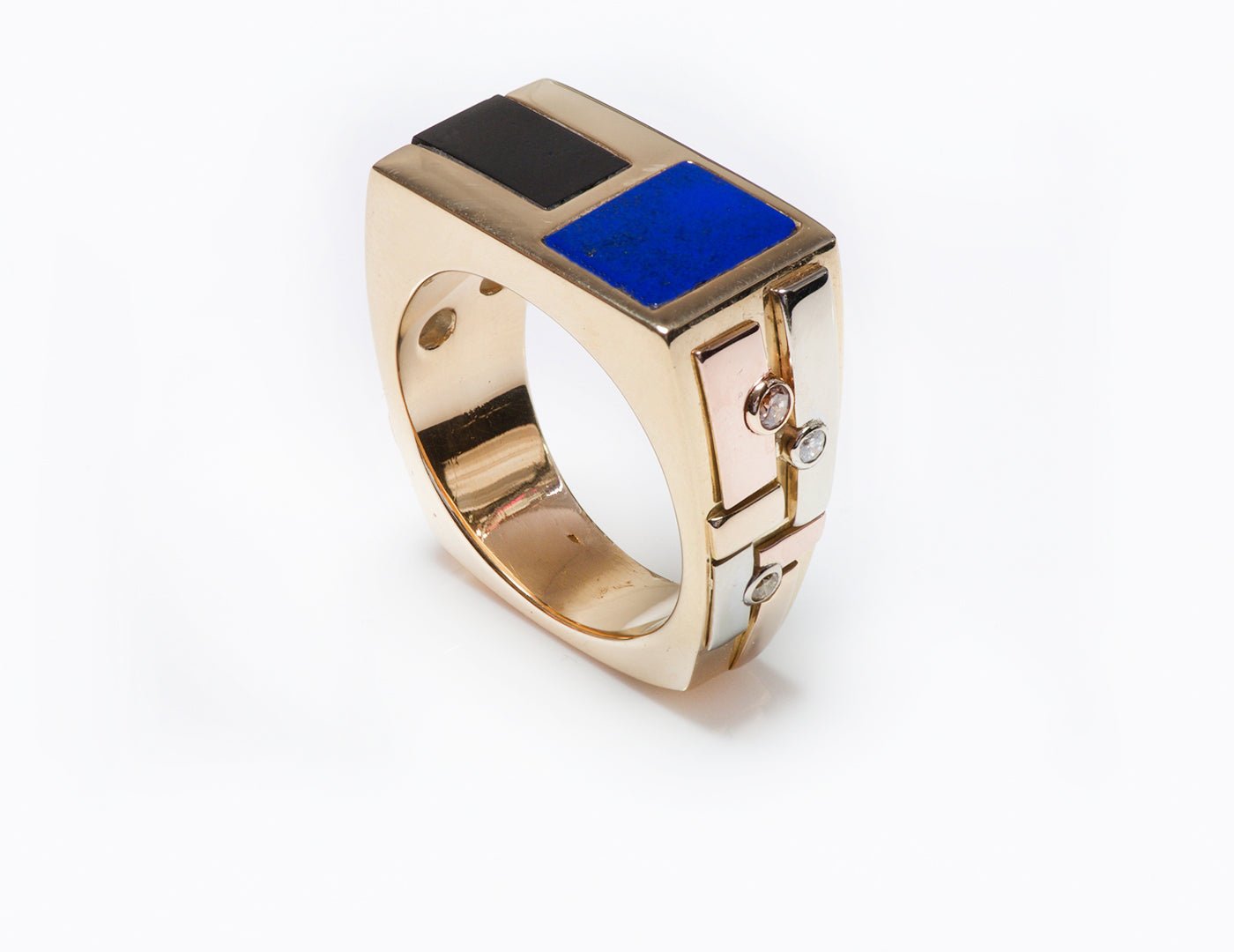 Men's Ring 18K Gold Inlay Lapis Onyx & Diamond