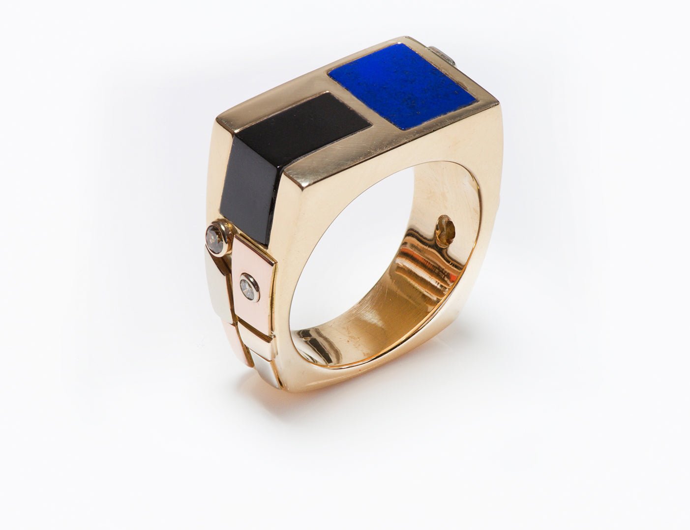 Men's Ring 18K Gold Inlay Lapis Onyx & Diamond