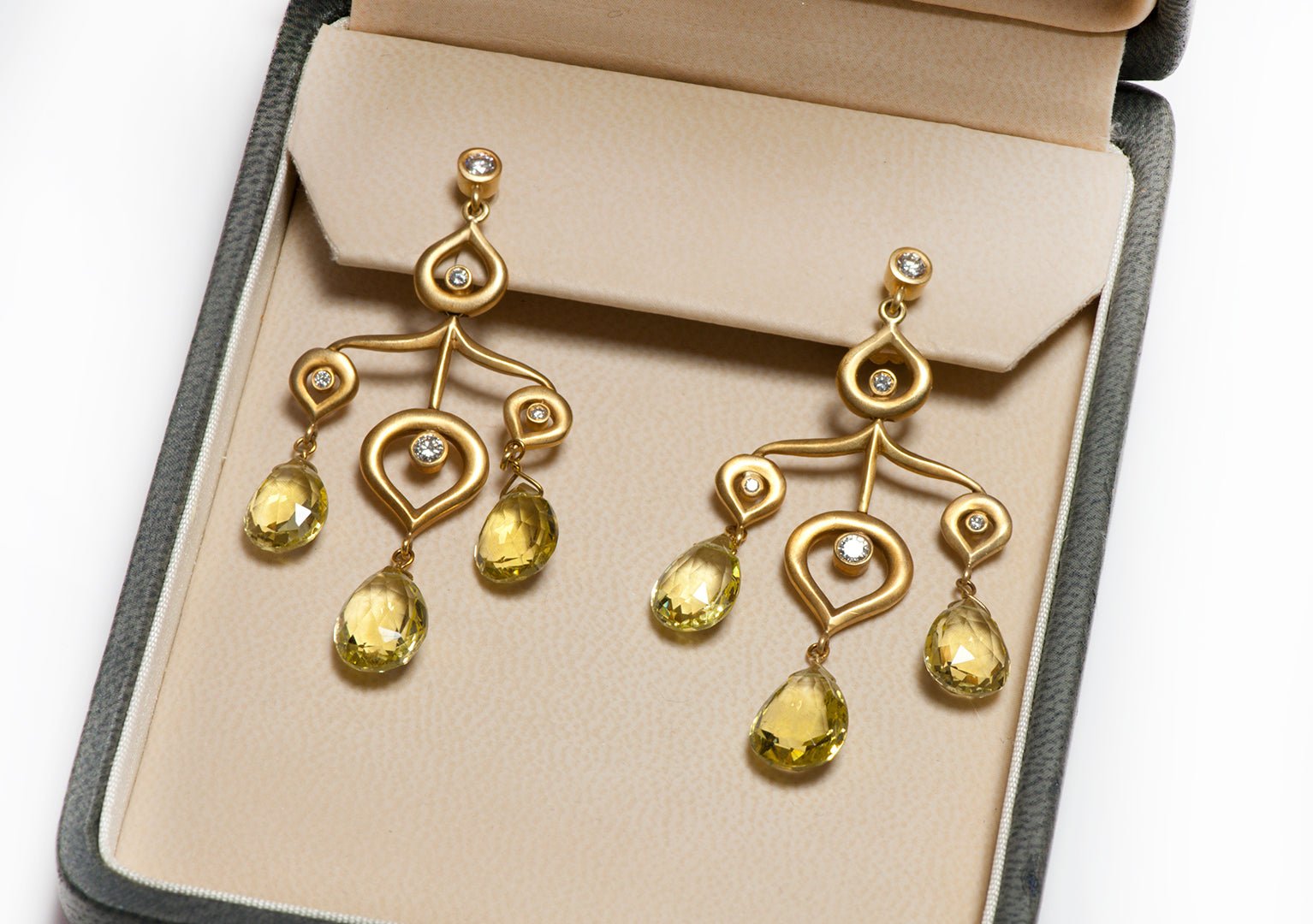 Michele Mitchell 18K Gold Briolette Cut Citrine Diamond Chandelier Earrings