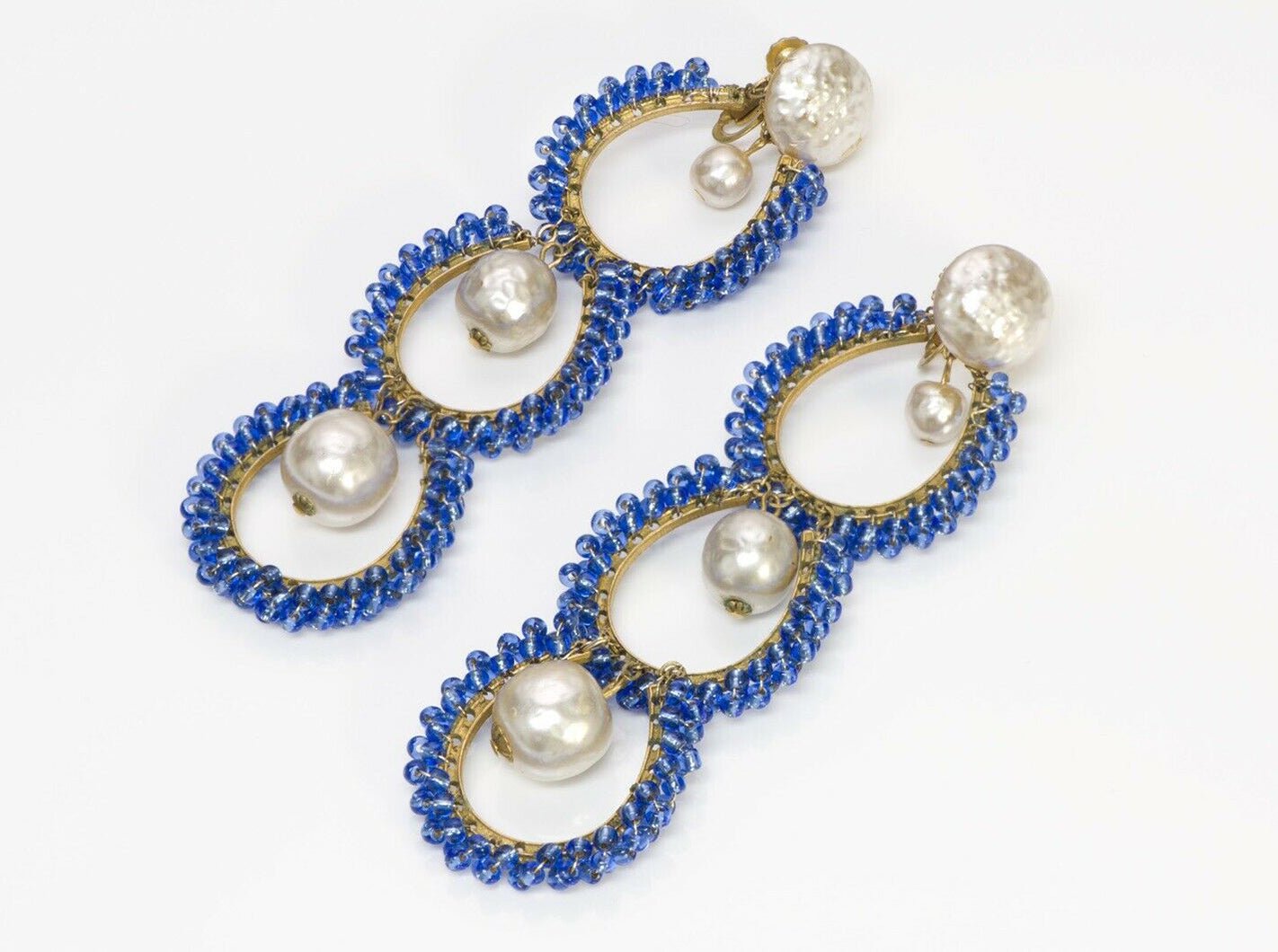 Miriam Haskell 1940’s Extra Long Shoulder Duster Pearl Blue Glass Beads Earrings