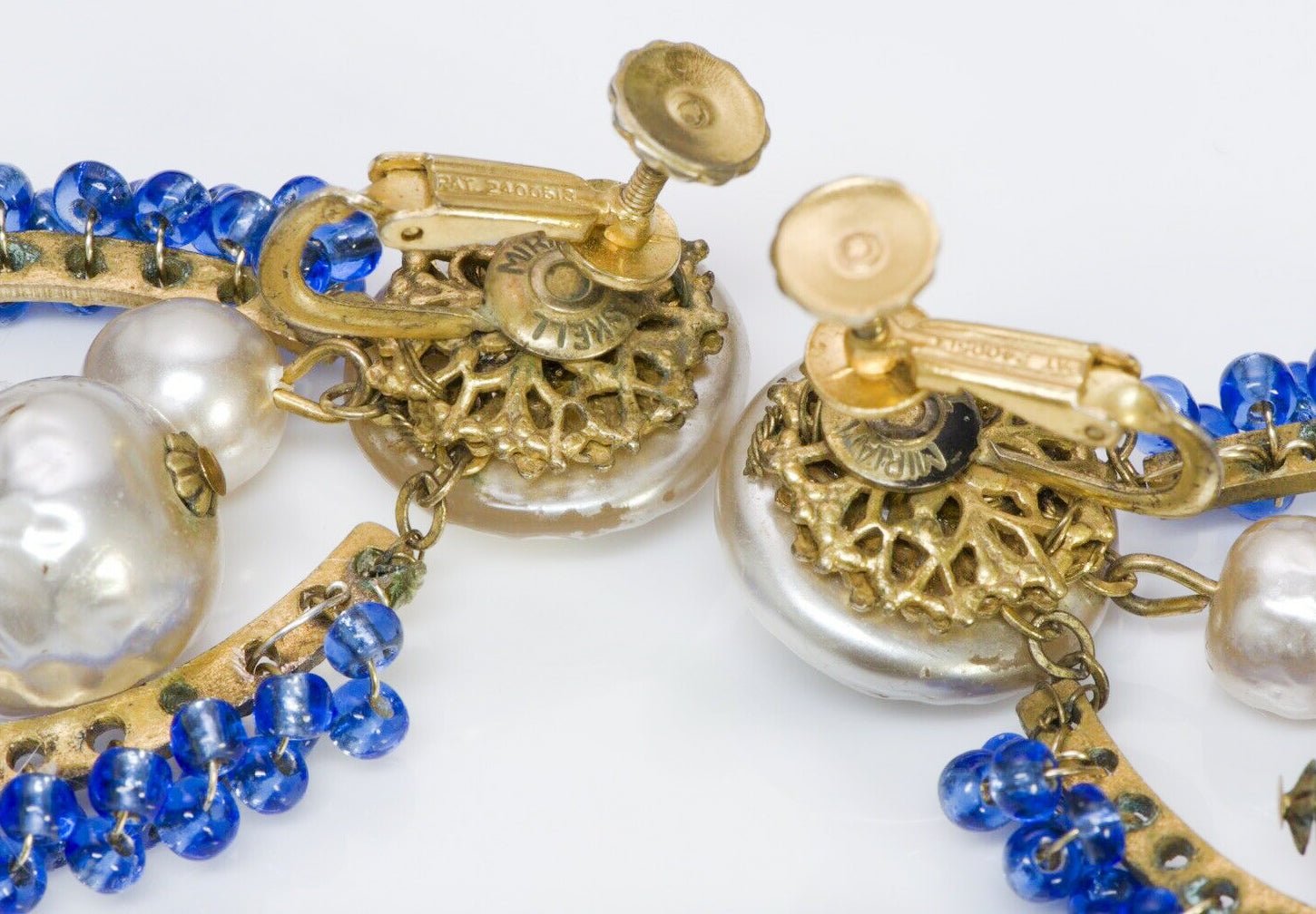 Miriam Haskell 1940’s Extra Long Shoulder Duster Pearl Blue Glass Beads Earrings