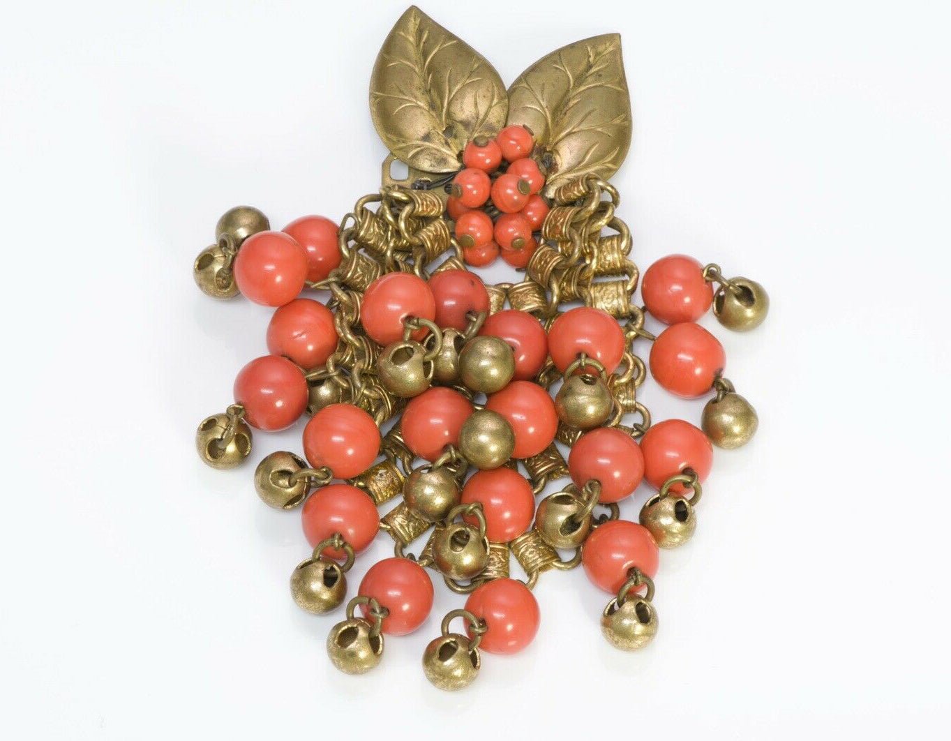 Miriam Haskell 1940’s Glass Beads Brass Leaf Chain Brooch