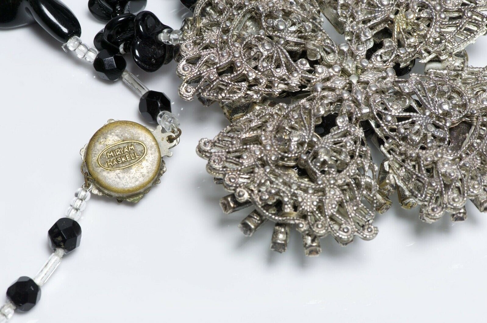 Miriam Haskell 1950’s Black Glass Beads Flower Necklace