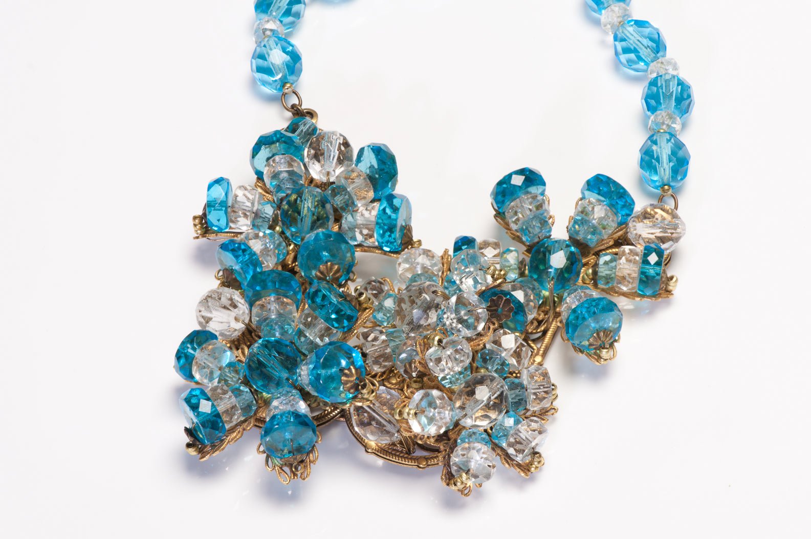 Miriam Haskell 1950’s Blue Crystal Glass Flower Necklace Earrings Bracelet Set