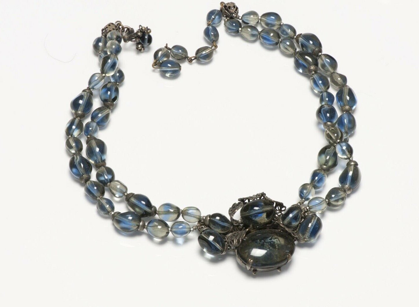 Miriam Haskell 1950’s Blue Glass Beads Leaf Pattern Collar Necklace