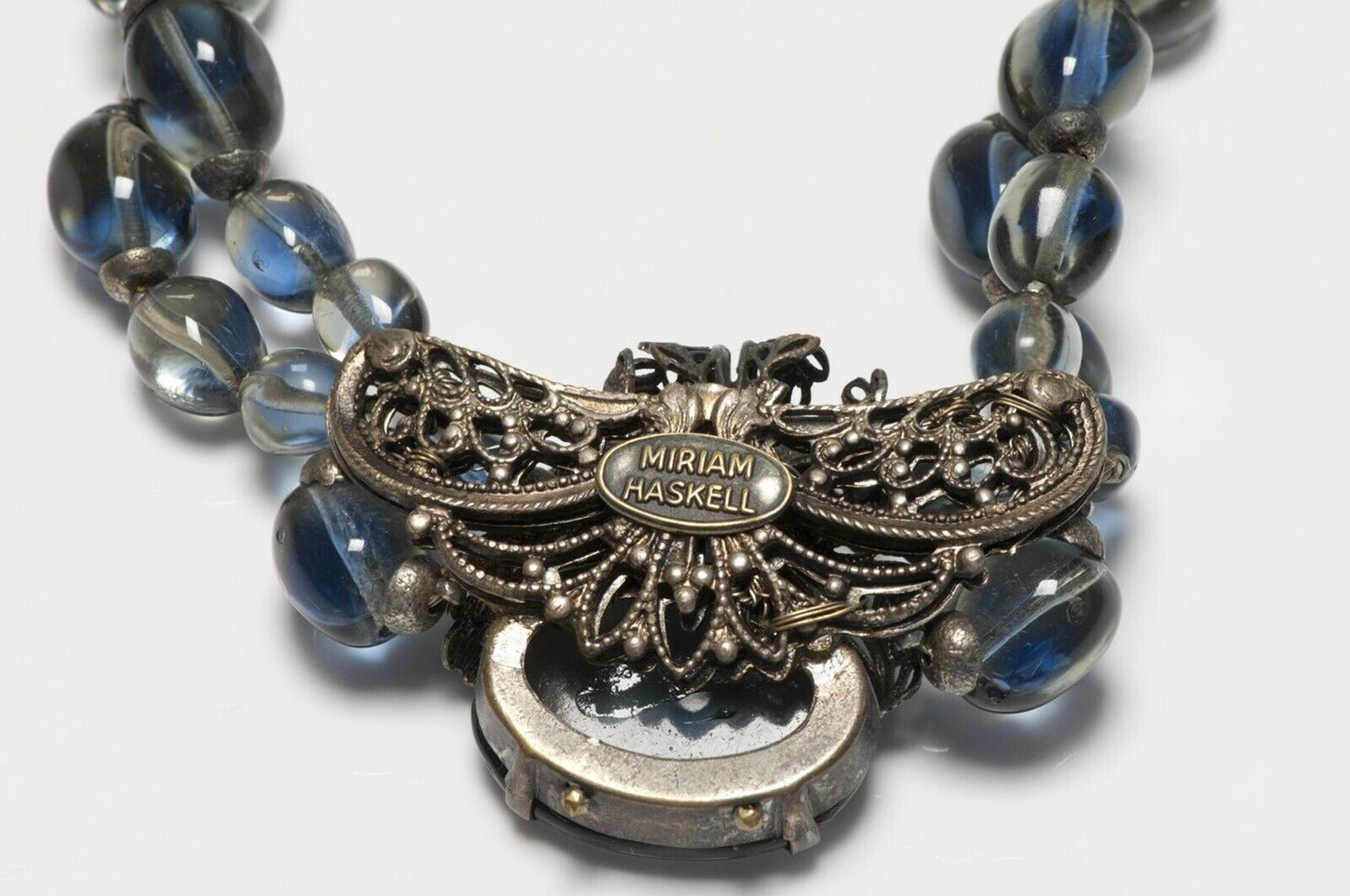 Miriam Haskell 1950’s Blue Glass Beads Leaf Pattern Collar Necklace
