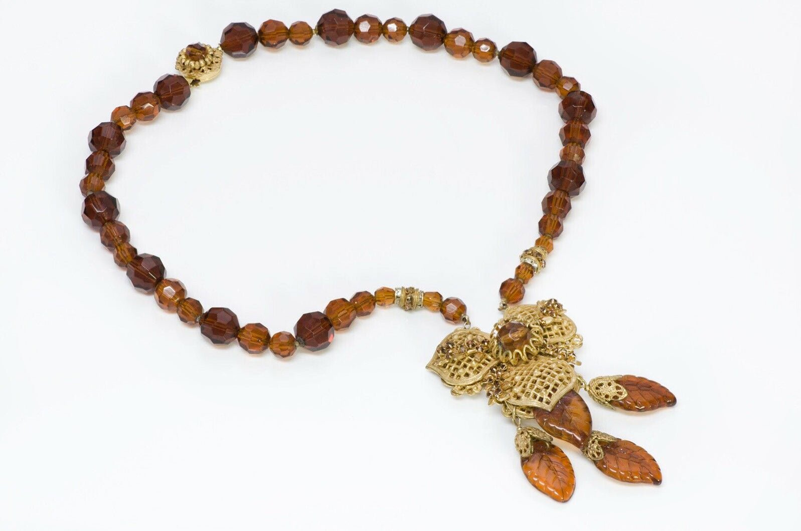 Miriam Haskell 1950’s Brown Glass Leaf Flower Necklace