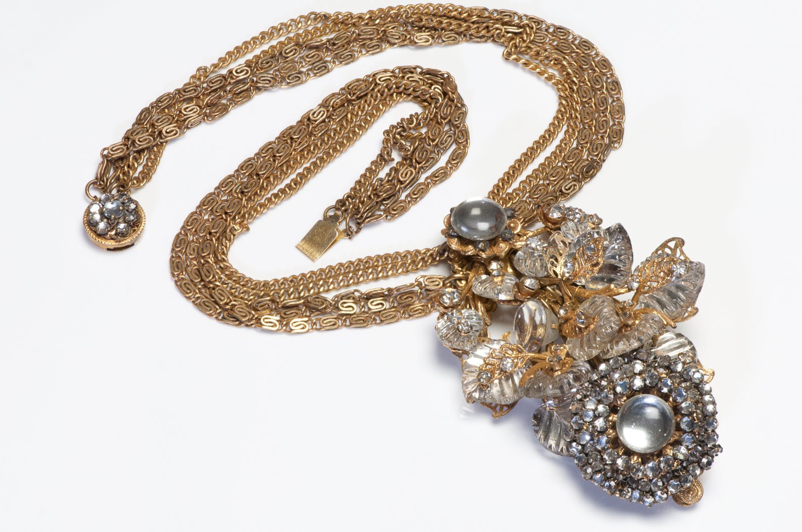 Miriam Haskell 1950's Cabochon Clear Lucite Crystal Leaf Chain Pendant Necklace