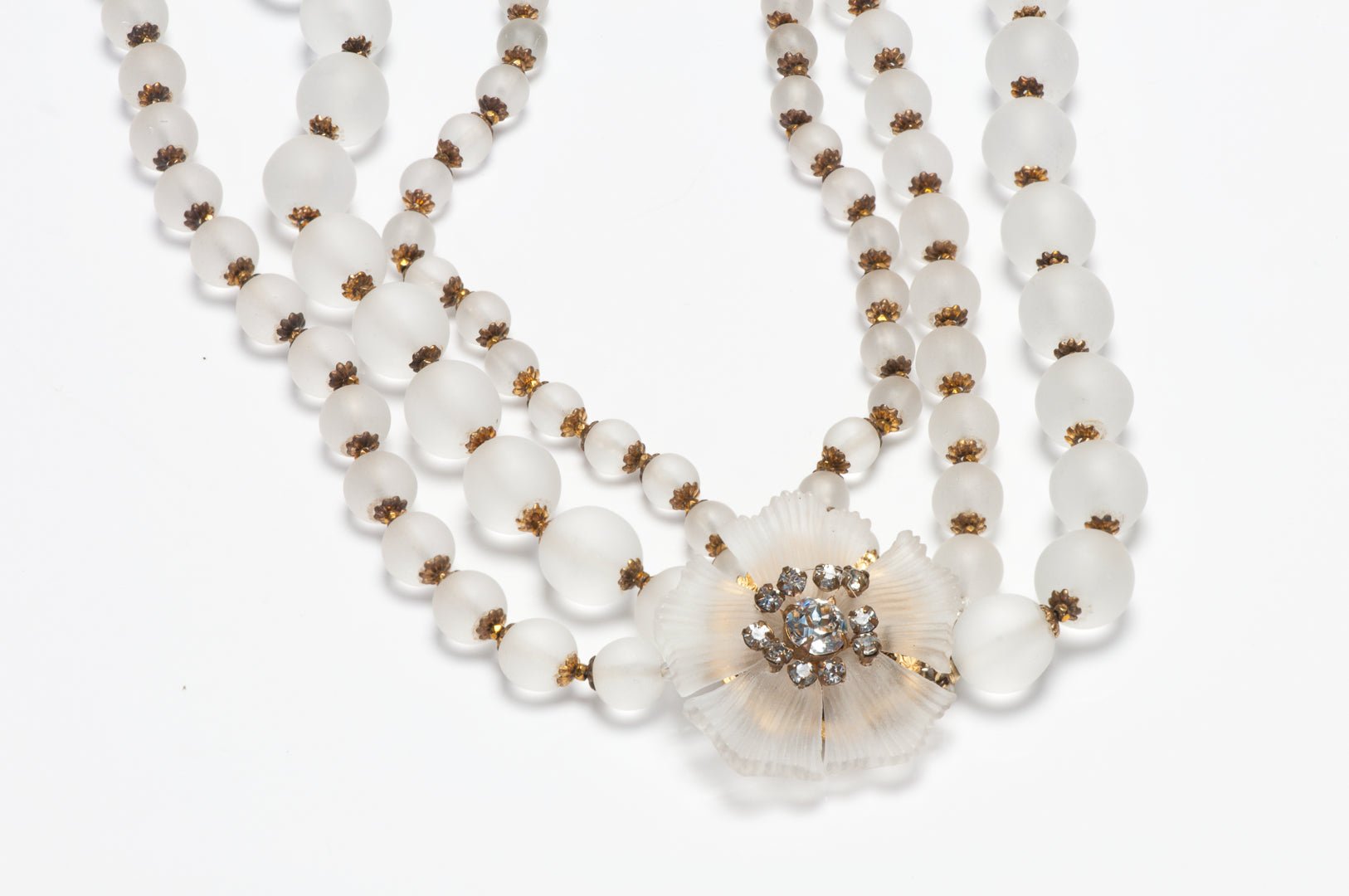 Miriam Haskell 1950's Clear Frosted Glass Beads Flower Necklace Bracelet Brooch Set