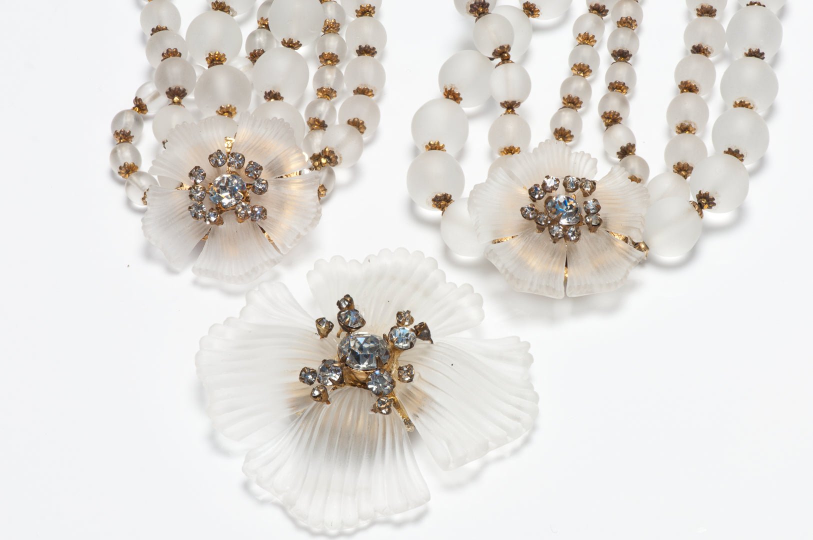 Miriam Haskell 1950's Clear Frosted Glass Beads Flower Necklace Bracelet Brooch Set