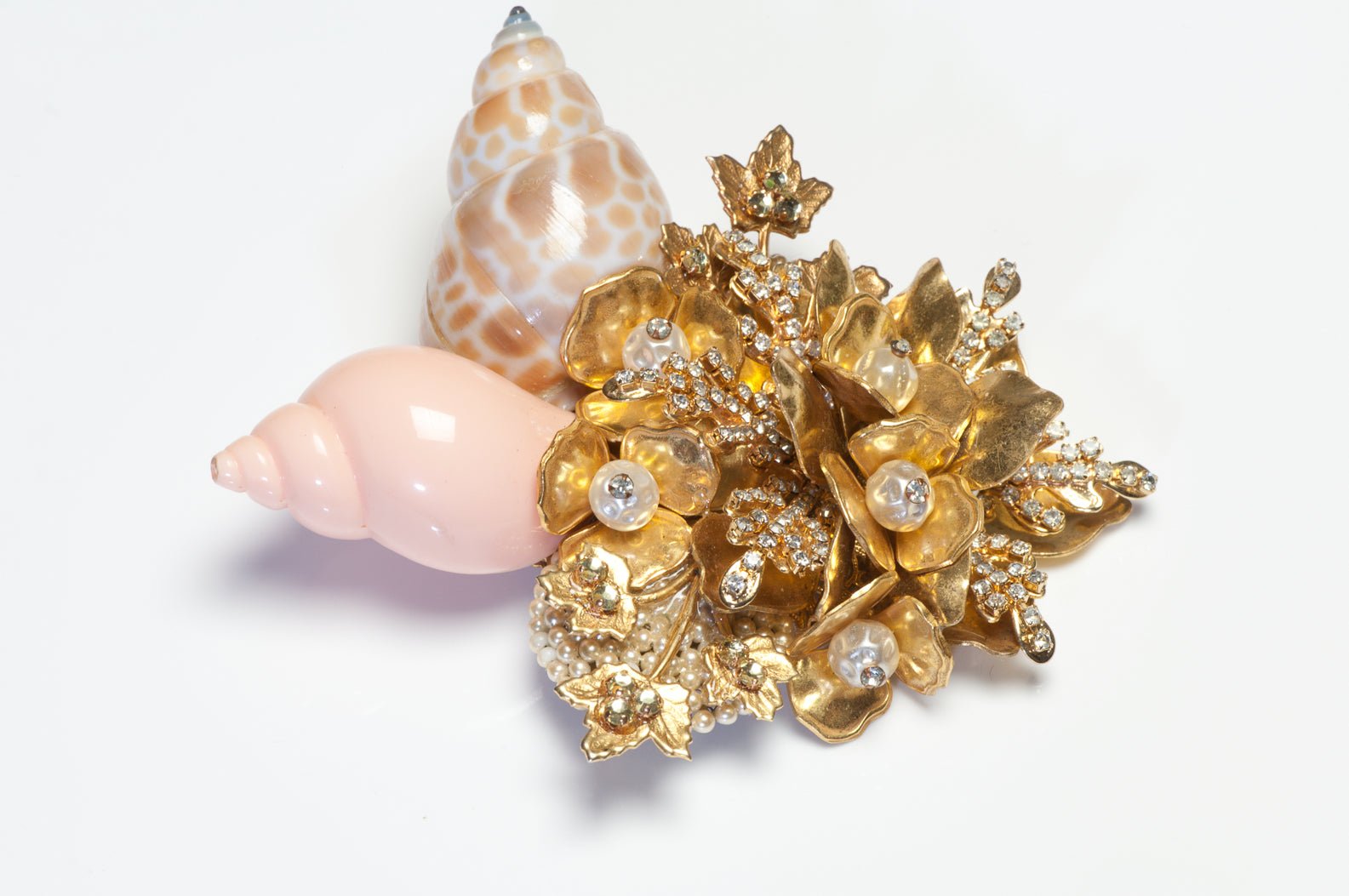 Miriam Haskell 1950’s Faux Pearl Crystal Pink Shell Flower Leaf Large Brooch