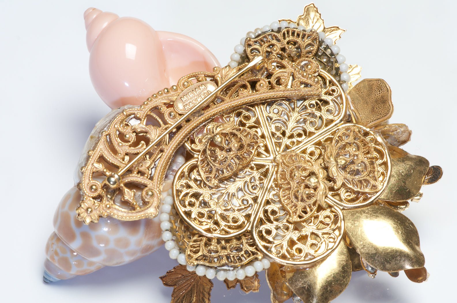 Miriam Haskell 1950’s Faux Pearl Crystal Pink Shell Flower Leaf Large Brooch