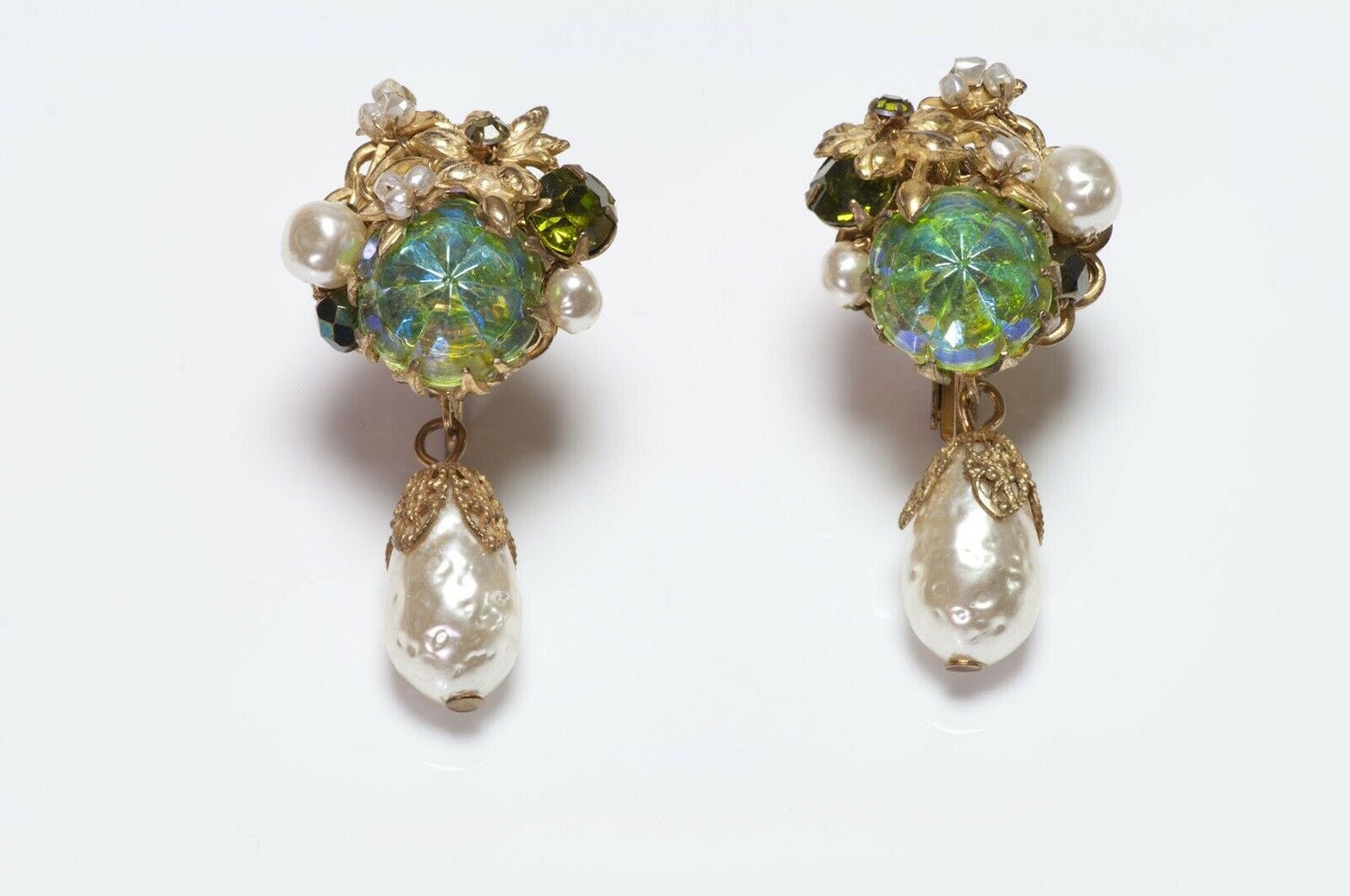 Miriam Haskell 1950’s Green Crystal Pearl Drop Earrings