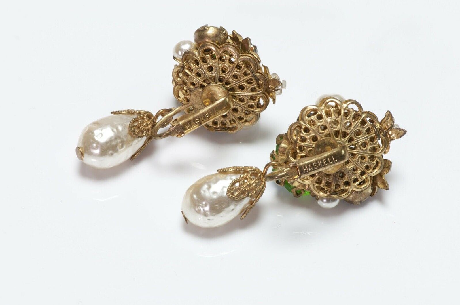 Miriam Haskell 1950’s Green Crystal Pearl Drop Earrings