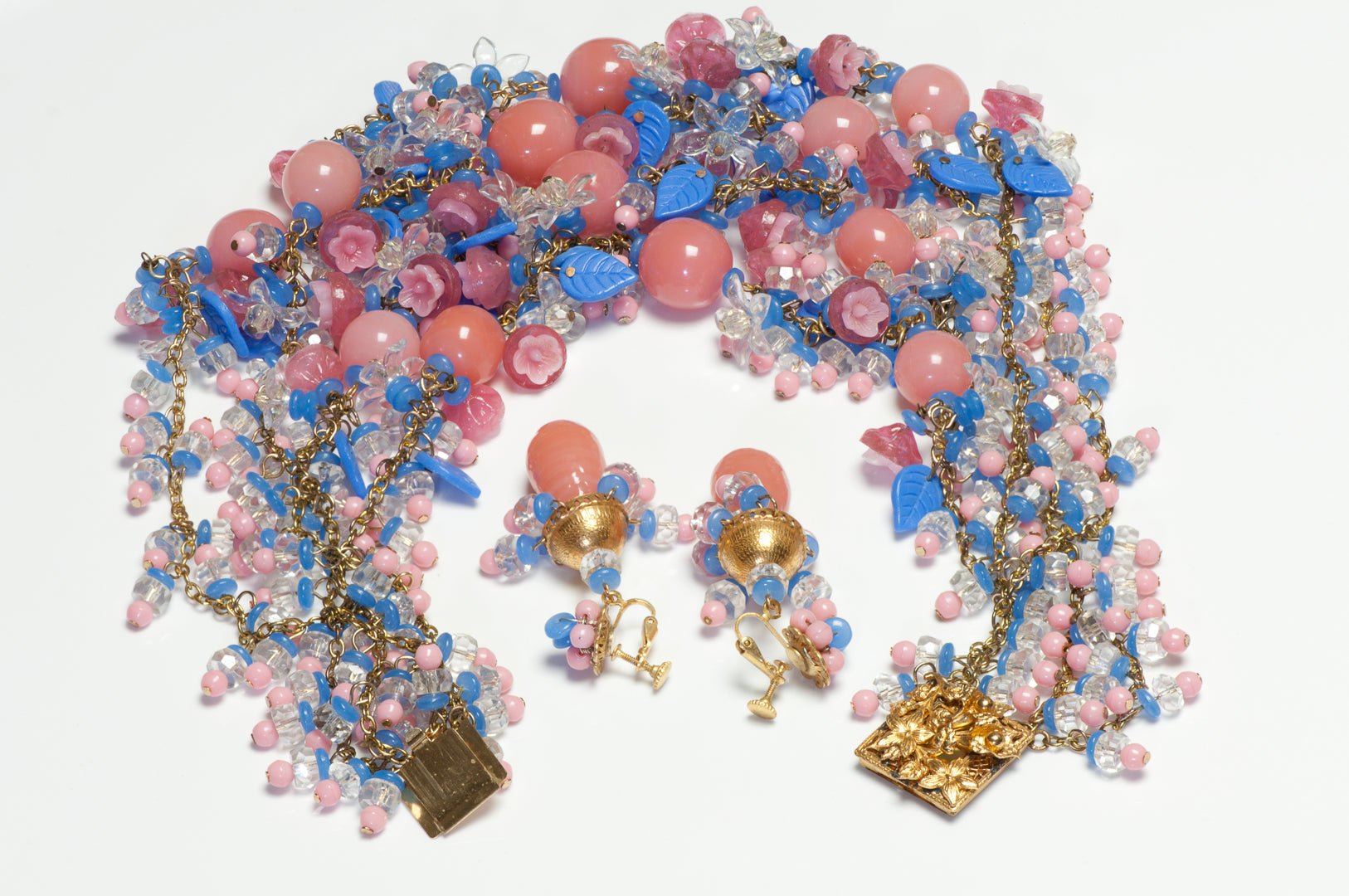 Miriam Haskell 1950’s Gripoix Pink Glass Beads Blue Flower Earrings Necklace Set