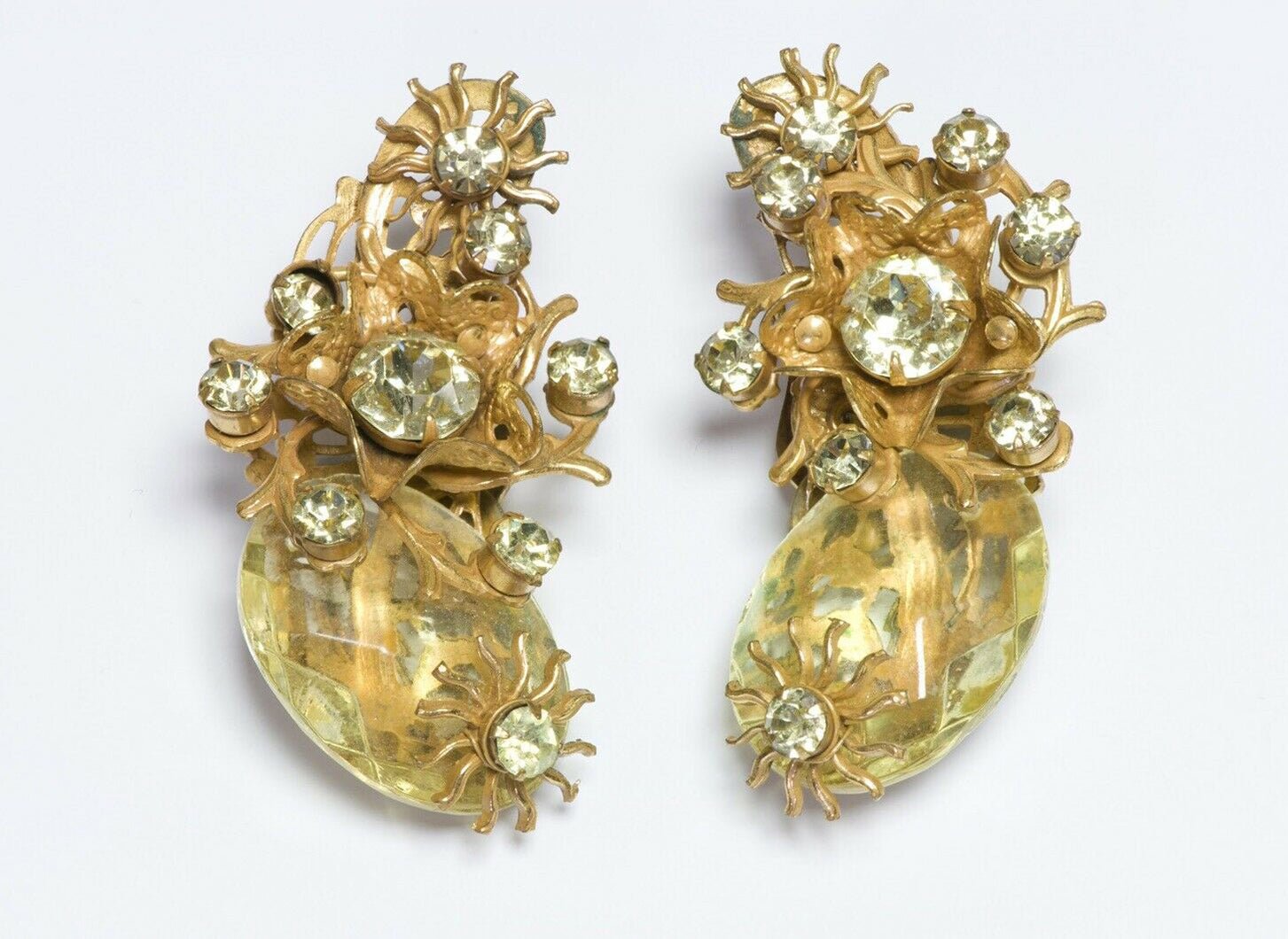 Miriam Haskell 1950’s Large Yellow Crystal Flower Ear Cuff Earrings