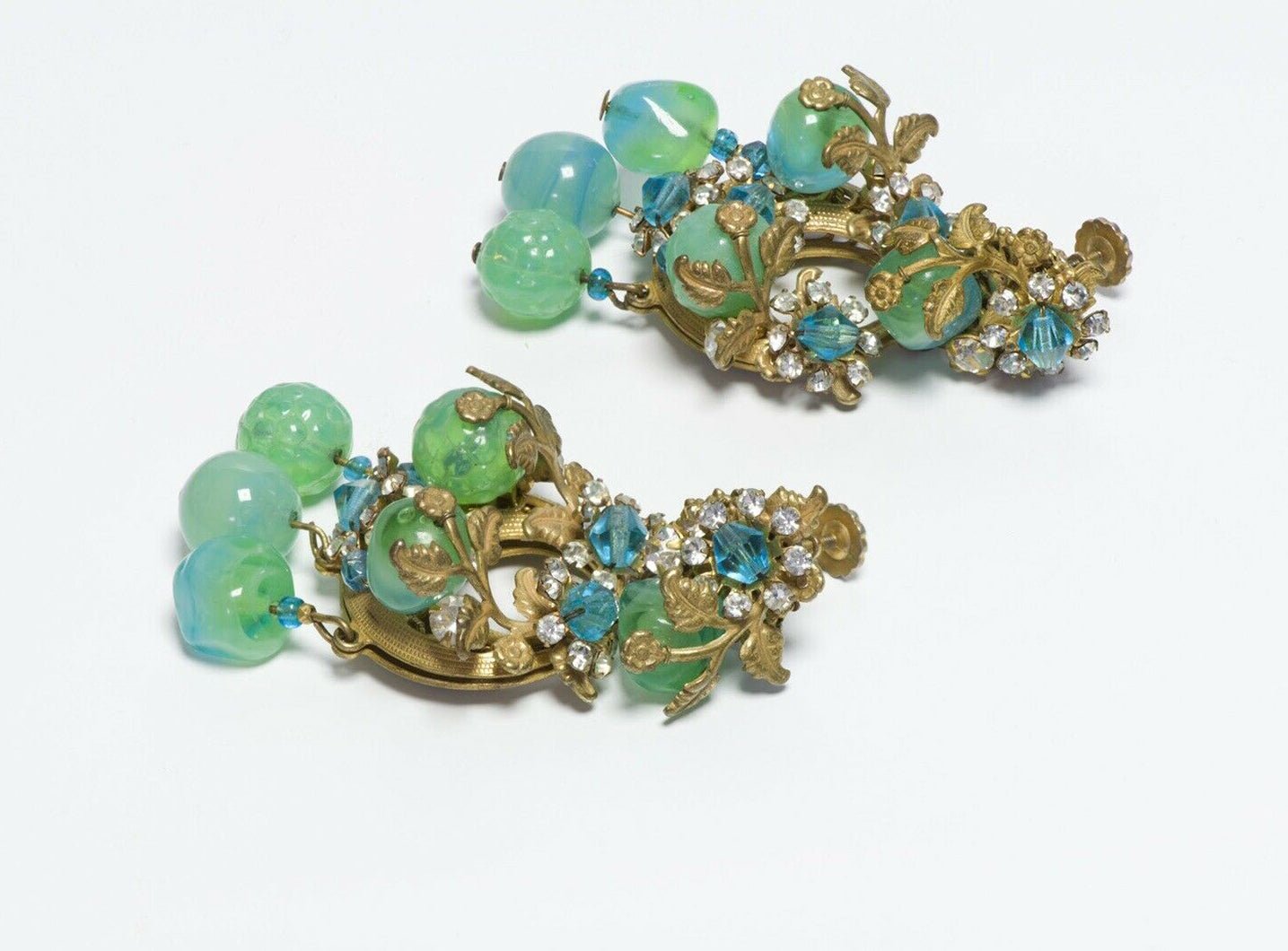 Miriam Haskell 1950’s Long Green Blue Glass Beads Flower Leaf Crystal Earrings