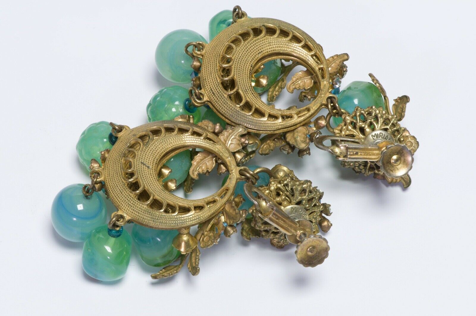 Miriam Haskell 1950’s Long Green Blue Glass Beads Flower Leaf Crystal Earrings