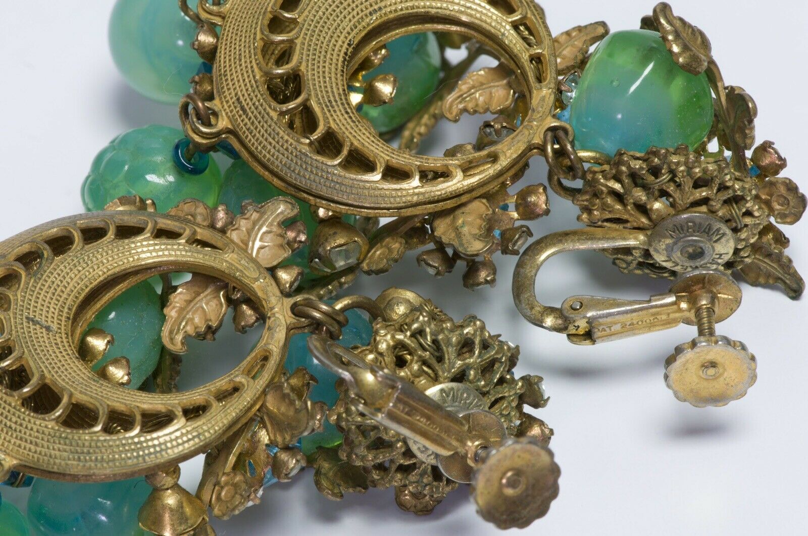 Miriam Haskell 1950’s Long Green Blue Glass Beads Flower Leaf Crystal Earrings