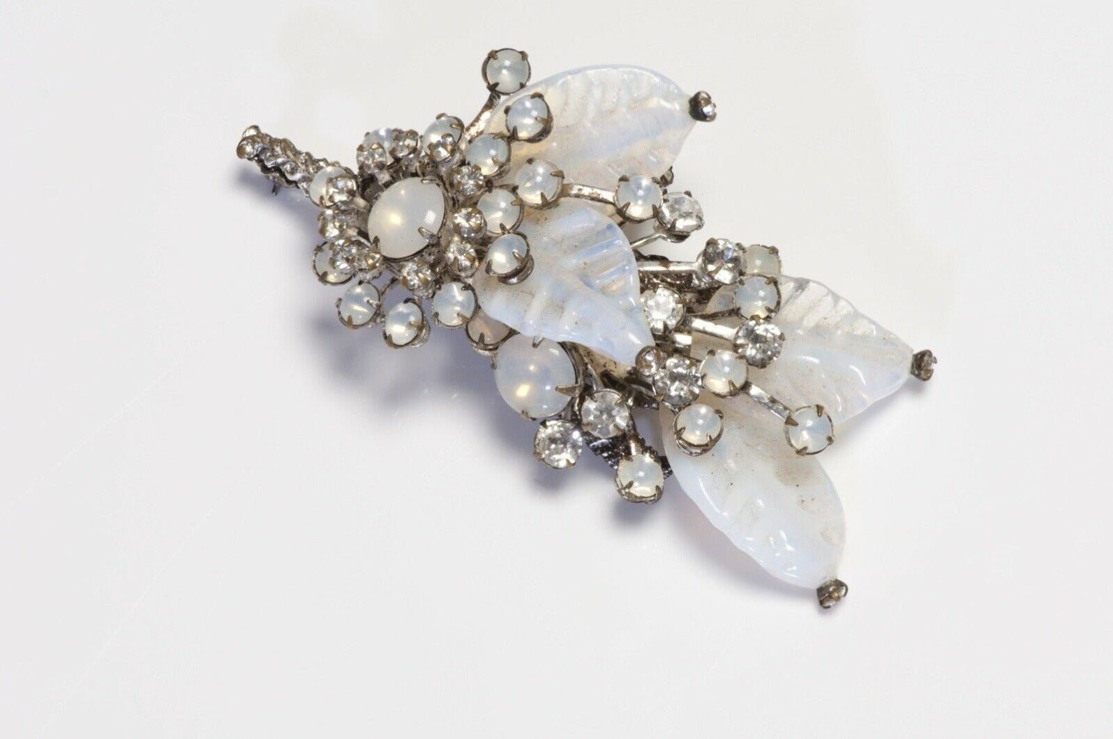 Miriam Haskell 1950’s Opaline Poured Glass Crystal Flower Leaf Brooch