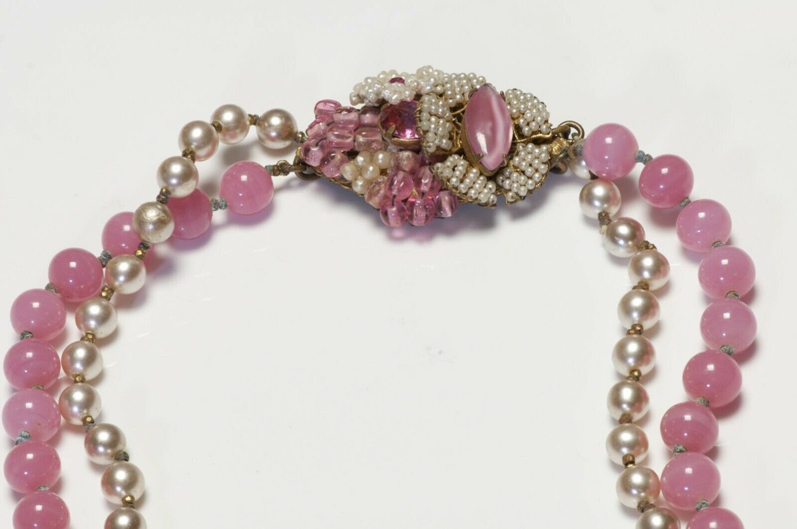 Miriam Haskell 1950’s Pink Glass Beads Faux Pearl Flower Choker Necklace