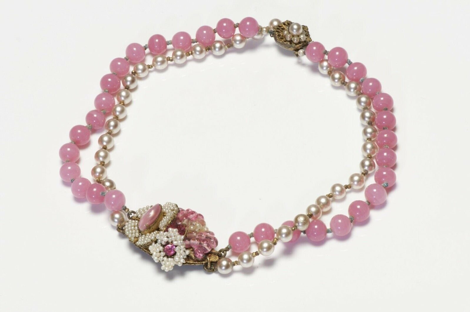 Miriam Haskell 1950’s Pink Glass Beads Faux Pearl Flower Choker Necklace