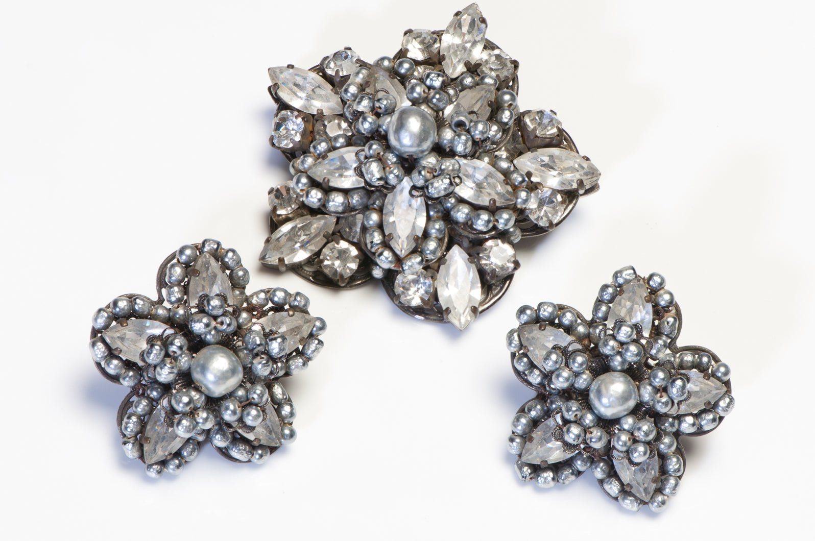 Miriam Haskell 1950’s Silver Pearl Crystal Flower Earrings Brooch Set