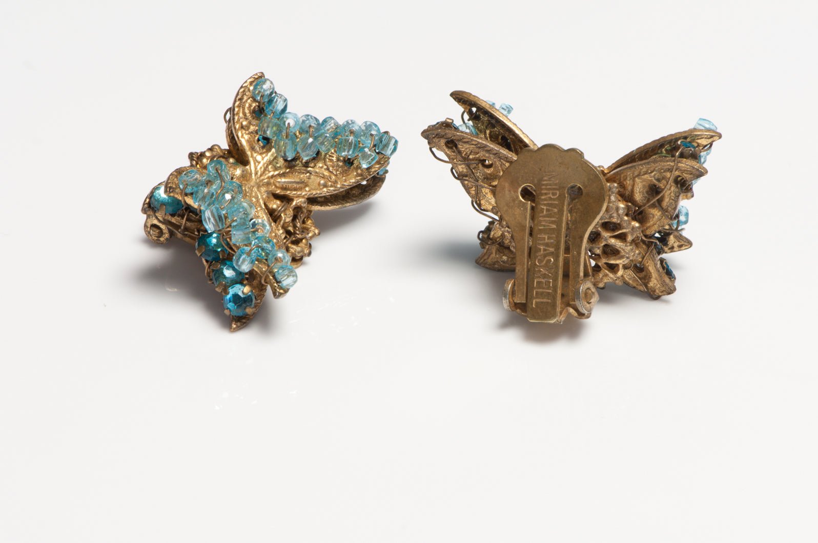Miriam Haskell Blue Glass Beads Crystal Butterfly Earrings